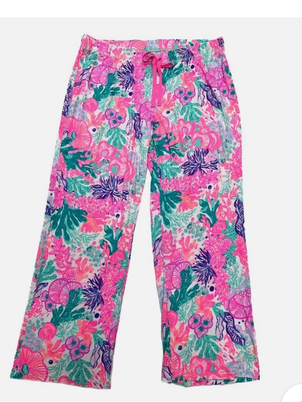 Lilly Pulitzer women’sPink Floral Print Pajama Bottoms with Green and Navy Accen